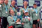 The Cancer Research UK Women's Boat Race 2018: The Cambridge women celebrating with their Boat Race medals, the Women's Boat Race trophy, and lots of Chapel Down Brut: Myriam Goudet-Boukhatmi , Olivia Coffey, Paula Wesselmann, The Zabell, Alice White, and Sophie Shapter.
River Thames between Putney Bridge and Mortlake,
London SW15,

United Kingdom,
on 24 March 2018 at 17:09, image #297