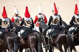 Trooping the Colour 2009: The four Troopers of The Life Guards (white plumes) and The Blues and Royals (red plumes) about to leave Horse Guards Parade at March Off..
Horse Guards Parade, Westminster,
London SW1,

United Kingdom,
on 13 June 2009 at 12:14, image #268