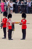 Trooping the Colour 2010: Colour Sergeant Stephen Ross, who was awarded the Military Cross in 2006, uncasing Colour.

One of the two sentries is holding the case. In the background spectators at the inner line of sentries in front of the Old Admirality Building..
Horse Guards Parade, Westminster,
London SW1,
Greater London,
United Kingdom,
on 12 June 2010 at 10:37, image #21