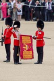 Trooping the Colour 2010: Colour Sergeant Stephen Ross, who was awarded the Military Cross in 2006, with the just uncased Colour.

One of the two sentries is saluting. In the background spectators at the inner line of sentries in front of the Old Admirality Building..
Horse Guards Parade, Westminster,
London SW1,
Greater London,
United Kingdom,
on 12 June 2010 at 10:37, image #22