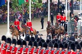 Trooping the Colour 2010: Prince William elser son elder son of Charles, Prince of Wales, and Diana, Princess of Wales, and grandson of Queen Elizabeth II and Prince Philip, Duke of Edinburgh, and The Duchess of Cornwall,Camilla Parker Bowles, the wife of Prince Charles, in their barouche on the way from Buckingham Palace to Horse Guards Building, where they are going to watch the parade from the General Major's office, the room that was once used by the Duke of Wellington as his office.

In the photo, the barouche is coming down Horse Guards Road, passing some of the 53 flags representing the countries of the Commonwealth..
Horse Guards Parade, Westminster,
London SW1,
Greater London,
United Kingdom,
on 12 June 2010 at 10:49, image #32