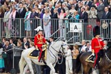 Trooping the Colour 2010: Members of the Royal Procession arriving at Horse Guards Parade. In front, Major General J J C Bucknall, Colonel Coldstream Guards.

In the middle, Major General W G Cubitt, Major General Commanding the Household Division and General Officer Commanding London District.

They are riding along the eastern side of the parade ground, next to the Old Admirality Building, spectators are watching from the Inner Line Of Sentries, and one of the stands above..
Horse Guards Parade, Westminster,
London SW1,
Greater London,
United Kingdom,
on 12 June 2010 at 10:59, image #58