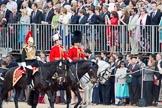 Trooping the Colour 2010: Members of the Royal Procession arriving at Horse Guards Parade. In front, Colonel T W Browne, The Blues and Royals and Silver Stick in Waiting.

In the middle, Colonel A D Mathewson, Chief of Staff London District.

Behind him, Captain G T Murphy, Irish Guards, Aide-de-Camp.

They are riding along the eastern side of the parade ground, next to the Old Admirality Building, spectators are watching from the Inner Line Of Sentries, and one of the stands above..
Horse Guards Parade, Westminster,
London SW1,
Greater London,
United Kingdom,
on 12 June 2010 at 10:59, image #59