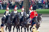 Trooping the Colour 2010: Lieutenant Colonel J D Bagshaw, Coldstream Guards, Brigade Major Household Division, and four Troopers of the Blues and Royals, leading the Royal Procession during the inspection of the line.

In the background spectators watching from St. James's Park, on the western side of the parade ground, in the front, out of focus, two of the five Drum Majors..
Horse Guards Parade, Westminster,
London SW1,
Greater London,
United Kingdom,
on 12 June 2010 at 11:05, image #87