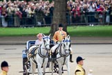 Trooping the Colour 2010: Her Majesty The Queen, sitting in her Ivory Mounted Phaeton,  inspecting the line of soldiers on the parade ground.

In the background spectators watching from St. James's Park, on the western end of the parade ground, and in the foreground one of the Drum Majors..
Horse Guards Parade, Westminster,
London SW1,
Greater London,
United Kingdom,
on 12 June 2010 at 11:06, image #89