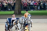 Trooping the Colour 2010: Her Majesty The Queen, sitting in her Ivory Mounted Phaeton,  inspecting the line of soldiers on the parade ground.

In the background spectators watching from St. James's Park, on the western end of the parade ground, and in the foreground one of the Drum Majors..
Horse Guards Parade, Westminster,
London SW1,
Greater London,
United Kingdom,
on 12 June 2010 at 11:06, image #90