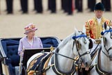 Trooping the Colour 2010: Her Majesty The Queen, sitting in her Ivory Mounted Phaeton driven by the Head Coachman, Jack Hargreaves, inspecting the line of soldiers on the parade ground..
Horse Guards Parade, Westminster,
London SW1,
Greater London,
United Kingdom,
on 12 June 2010 at 11:06, image #96