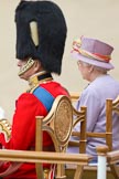 Trooping the Colour 2010: Her Majesty the Queen, Elizabeth II, and The Prince Philip. Duke of Edinburgh, during the &quot;Massed Bands Troop&quot;, sitting in their chairs on the saluting dais..
Horse Guards Parade, Westminster,
London SW1,
Greater London,
United Kingdom,
on 12 June 2010 at 11:25, image #127