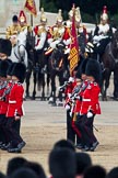 Trooping the Colour 2011: The Escort to the Colour. Carrying the flag in his white colour belt the ensign, Lieutenant Tom Ogilvy, and to his left, The Sergeant of the Ecort to the Colour, Colour Sergeant Chris Millin..
Horse Guards Parade, Westminster,
London SW1,
Greater London,
United Kingdom,
on 11 June 2011 at 11:43, image #270