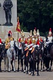 Trooping the Colour 2011: In front of the Guards Memorial, on the St. James's Park side of Horse Guards Parade, members of the Household Cavalry, on the white horse the Trumpeter, next to him the Standard Bearer..
Horse Guards Parade, Westminster,
London SW1,
Greater London,
United Kingdom,
on 11 June 2011 at 11:44, image #288