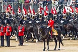 Trooping the Colour 2011: Household Cavalry, here The Blues and Royals, during the Ride Past. In front, on the right,  the Adjutant of the Parade, Captain Hamish Barne, 1st Battalion Scots Guards..
Horse Guards Parade, Westminster,
London SW1,
Greater London,
United Kingdom,
on 11 June 2011 at 11:57, image #356