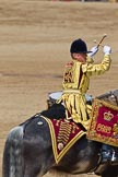 Trooping the Colour 2011: One of the two kettle drummers of the band of the Life Guards, saluting to HM The Queen by crossing his drumsticks..
Horse Guards Parade, Westminster,
London SW1,
Greater London,
United Kingdom,
on 11 June 2011 at 12:00, image #372