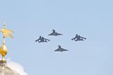 Trooping the Colour 2011: Two Typhoon provided by RAF Leuchars and two Tornado GR4 provided by RAF Marham taling part in the flypast over Buckingham Palace at the end of Trooping The Colour 2011..
Horse Guards Parade, Westminster,
London SW1,
Greater London,
United Kingdom,
on 11 June 2011 at 13:02, image #445