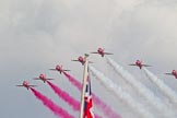 Trooping the Colour 2011: The Red Arrows, displaying red, white, and blue smoke from their Hawk aircraft, during the fly-past over Buckingham Palace..
Horse Guards Parade, Westminster,
London SW1,
Greater London,
United Kingdom,
on 11 June 2011 at 13:03, image #447