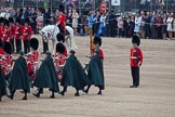 Trooping the Colour 2012: The Massed Bands Troop, before the Collection of the Colour. The bands hand changed direction, and are now marching towards the line of guardsmen on the Northern end of Horse Guards Parade. In the right the Colour Party - the Colour Sergeant with the two Sentries..
Horse Guards Parade, Westminster,
London SW1,

United Kingdom,
on 16 June 2012 at 11:18, image #296