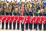 Trooping the Colour 2012: No. 1 Guard, the Escort to the Colour, presening arms, with the Ensign, Second Lieutenant Hugo Codrington, holding the Colour, in front..
Horse Guards Parade, Westminster,
London SW1,

United Kingdom,
on 16 June 2012 at 11:29, image #361