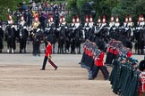 Trooping the Colour 2012: The Massed bands during the March Past. No. 5 Guard, 1st Battalion Irish Guards, marching to the left, with Irish Guards musicians (here the drummers and pipers) marching, as part os the Massed Bands, to the right..
Horse Guards Parade, Westminster,
London SW1,

United Kingdom,
on 16 June 2012 at 11:33, image #386