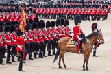 Trooping the Colour 2012: About to march past Her Majesty - the Major of the Parade, Major Mark Lewis, Welsh Guards, the Ensign, Second Lieutenant Hugo Codrington, carrying the Colour, and the guards divisions..
Horse Guards Parade, Westminster,
London SW1,

United Kingdom,
on 16 June 2012 at 11:35, image #410