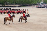 Trooping the Colour 2012: Riding past Her Majesty - the Major of the Parade, Major Mark Lewis, Welsh Guards, and the Field Officer, Lieutenant Colonel R C N Sergeant, Coldstream Guards, during the March Past..
Horse Guards Parade, Westminster,
London SW1,

United Kingdom,
on 16 June 2012 at 11:36, image #416