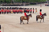 Trooping the Colour 2012: Riding past Her Majesty - the Major of the Parade, Major Mark Lewis, Welsh Guards, and the Field Officer, Lieutenant Colonel R C N Sergeant, Coldstream Guards, during the March Past..
Horse Guards Parade, Westminster,
London SW1,

United Kingdom,
on 16 June 2012 at 11:36, image #417