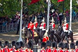 The Colonel's Review 2013: Leading the Royal Procession from The Mall onto Horse Guards Parade - Brigade Major Household Division Lieutenant Colonel Simon Soskin, Grenadier Guards, followed by four Troopers of The Life Guards..
Horse Guards Parade, Westminster,
London SW1,

United Kingdom,
on 08 June 2013 at 10:55, image #241