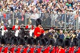 The Colonel's Review 2013: Leading the Royal Procession, Brigade Major Household Division Lieutenant Colonel Simon Soskin, Grenadier Guards, followed by four Troopers of The Life Guards, are marching past No. 6 Guard on the eastern side of Horse Guards Parade..
Horse Guards Parade, Westminster,
London SW1,

United Kingdom,
on 08 June 2013 at 10:56, image #244