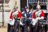 The Colonel's Review 2013: The Two Troopers of The Life Guards, following the Brigade Major at the head of the Royal Procession..
Horse Guards Parade, Westminster,
London SW1,

United Kingdom,
on 08 June 2013 at 10:57, image #253