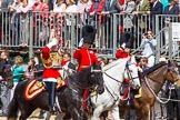 The Colonel's Review 2013: The Silver Stick Adjutant and Foot Guards Regimental Adjutants - Lieutenant Colonel H S J Scott, The Life Guards, Major G V A Baker. Grenadier Guards, and Lieutenant Colonel A W Foster, Scots Guards, saluting the Colour..
Horse Guards Parade, Westminster,
London SW1,

United Kingdom,
on 08 June 2013 at 11:00, image #287