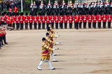 The Colonel's Review 2013: The Massed Band Troop begins with the slow march - the Waltz from Les Huguenots. The Field Officer, and behind him the Third and Fourth Division of the Sovereign's Escort, The Blues and Royals, can be seen on top of the image..
Horse Guards Parade, Westminster,
London SW1,

United Kingdom,
on 08 June 2013 at 11:08, image #424