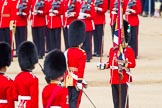 The Colonel's Review 2013: The Regimental Sergeant Major, WO1 Martin Topps, Welsh Guards presents the Colour to the Ensign, Second Lieutenant Joel Dinwiddle, who salutes the Colour with his sword..
Horse Guards Parade, Westminster,
London SW1,

United Kingdom,
on 08 June 2013 at 11:19, image #514