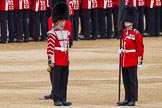 Major General's Review 2013: Welsh Guards Drummer approaching Colour Sergeant R J Heath, Welsh Guards, carrying the Colour and the two sentries..
Horse Guards Parade, Westminster,
London SW1,

United Kingdom,
on 01 June 2013 at 10:32, image #121