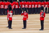 Major General's Review 2013: Welsh Guards Drummer approaching Colour Sergeant R J Heath, Welsh Guards, carrying the Colour and the two sentries..
Horse Guards Parade, Westminster,
London SW1,

United Kingdom,
on 01 June 2013 at 10:32, image #122