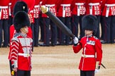 Major General's Review 2013: Welsh Guards Drummer approaching Colour Sergeant R J Heath, Welsh Guards, carrying the Colour and the two sentries..
Horse Guards Parade, Westminster,
London SW1,

United Kingdom,
on 01 June 2013 at 10:32, image #123