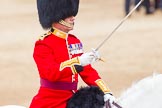 Major General's Review 2013: The Field Officer in Brigade Waiting, Lieutenant Colonel Dino Bossi, Welsh Guards, saluting  during the March Past in Quick Time..
Horse Guards Parade, Westminster,
London SW1,

United Kingdom,
on 01 June 2013 at 11:45, image #552