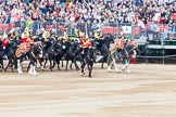 Major General's Review 2013: The Ride Past - the Mounted Bands of the Household Cavalry move, from the eastern side, onto Horse Guards Parade. The Director of Music of the Household Cavalry, Major Paul Wilman, The Life Guards followed by the kettle drummer from The Life Guards..
Horse Guards Parade, Westminster,
London SW1,

United Kingdom,
on 01 June 2013 at 11:49, image #571