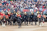 Major General's Review 2013: The Ride Past - the Mounted Bands of the Household Cavalry move, from the eastern side, onto Horse Guards Parade. The Director of Music of the Household Cavalry, Major Paul Wilman, The Life Guards followed by the kettle drummer from The Life Guards..
Horse Guards Parade, Westminster,
London SW1,

United Kingdom,
on 01 June 2013 at 11:49, image #572