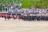 Major General's Review 2013: The Ride Past - the Mounted Bands of the Household Cavalry move, from the eastern side, onto Horse Guards Parade. The Director of Music of the Household Cavalry, Major Paul Wilman, The Life Guards followed by the kettle drummer from The Life Guards..
Horse Guards Parade, Westminster,
London SW1,

United Kingdom,
on 01 June 2013 at 11:50, image #573