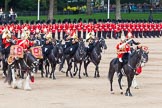 Major General's Review 2013: The Director of Music of the Household Cavalry, Major Paul Wilman, The Life Guards, during the Mounted Troops Ride Past. Behind him the kettle drummer from The Blues and Royals..
Horse Guards Parade, Westminster,
London SW1,

United Kingdom,
on 01 June 2013 at 11:51, image #584