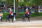 Major General's Review 2013: The Household Cavalry is marching off, led by the Field Officer of the Escort, Major Nick Stewart, The Life Guards, followed by the Trumpeter, Standard Bearer, Standard Coverer. and The Life Guards as first and second divisions of the Sovereign's Escort..
Horse Guards Parade, Westminster,
London SW1,

United Kingdom,
on 01 June 2013 at 12:04, image #691