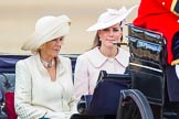 Trooping the Colour 2013: HRH The Duchess of Cornwall  and HRH The Duchess of Cambridge in the first barouche carriage on the way across Horse Guards Parade to watch the parade from the Major General's office..
Horse Guards Parade, Westminster,
London SW1,

United Kingdom,
on 15 June 2013 at 10:50, image #201