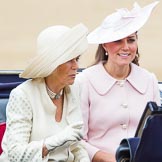 Trooping the Colour 2013: HRH The Duchess of Cornwall and HRH The Duchess of Cambridge in the first barouche carriage on the way across Horse Guards Parade to watch the parade from the Major General's office..
Horse Guards Parade, Westminster,
London SW1,

United Kingdom,
on 15 June 2013 at 10:50, image #205