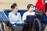 Trooping the Colour 2013: HRH Princess Beatrice of York and HRH Princess Eugenie of York in the second barouche carriage on the way across Horse Guards Parade to watch the parade from the Major General's office..
Horse Guards Parade, Westminster,
London SW1,

United Kingdom,
on 15 June 2013 at 10:50, image #206