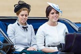 Trooping the Colour 2013: HRH Princess Beatrice of York and HRH Princess Eugenie of York in the second barouche carriage on the way across Horse Guards Parade to watch the parade from the Major General's office..
Horse Guards Parade, Westminster,
London SW1,

United Kingdom,
on 15 June 2013 at 10:50, image #209