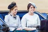 Trooping the Colour 2013: HRH Princess Beatrice of York and HRH Princess Eugenie of York in the second barouche carriage on the way across Horse Guards Parade to watch the parade from the Major General's office..
Horse Guards Parade, Westminster,
London SW1,

United Kingdom,
on 15 June 2013 at 10:50, image #210