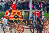 Trooping the Colour 2013: The Major of the Parade, Major H G C Bettinson, Welsh Guards, and the Glass Coach with HM The Queen passing behind him..
Horse Guards Parade, Westminster,
London SW1,

United Kingdom,
on 15 June 2013 at 11:06, image #353