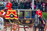 Trooping the Colour 2013: The Major of the Parade, Major H G C Bettinson, Welsh Guards, and HM The Queen in the Glass Coach..
Horse Guards Parade, Westminster,
London SW1,

United Kingdom,
on 15 June 2013 at 11:06, image #354