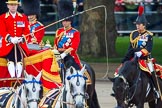 Trooping the Colour 2013: After the Inspection of the Line, the Glass Coach with HM The Queen turns back toward the dais for Her Majesty. Behind the Glass Coach the three Royal Colonels, HRH The Duke of Cambridge, Colonel Irish Guards, HRH The Prince of Wales, Colonel Welsh Guards, and HRH The Princess Royal, Colonel The Blues and Royals (Royal Horse Guards and 1st Dragoons)..
Horse Guards Parade, Westminster,
London SW1,

United Kingdom,
on 15 June 2013 at 11:06, image #357