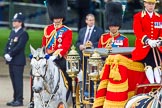 Trooping the Colour 2013: HRH The Duke of Cambridge, Colonel Irish Guards and HRH The Prince of Wales, Colonel Welsh Guards, Royal Colonelsm seen behind the Glass Coach carrying HM The Queen after the Inspection of the Line..
Horse Guards Parade, Westminster,
London SW1,

United Kingdom,
on 15 June 2013 at 11:06, image #358