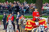 Trooping the Colour 2013: HRH The Duke of Cambridge, Colonel Irish Guards and HRH The Prince of Wales, Colonel Welsh Guards, Royal Colonelsm seen behind the Glass Coach carrying HM The Queen after the Inspection of the Line..
Horse Guards Parade, Westminster,
London SW1,

United Kingdom,
on 15 June 2013 at 11:06, image #359