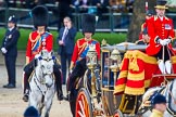 Trooping the Colour 2013: After the Inspection of the Line, the Glass Coach with HM The Queen turns back toward the dais for Her Majesty. Behind the Glass Coach the three Royal Colonels, HRH The Duke of Cambridge, Colonel Irish Guards, HRH The Prince of Wales, Colonel Welsh Guards, and HRH The Princess Royal, Colonel The Blues and Royals (Royal Horse Guards and 1st Dragoons)..
Horse Guards Parade, Westminster,
London SW1,

United Kingdom,
on 15 June 2013 at 11:06, image #360